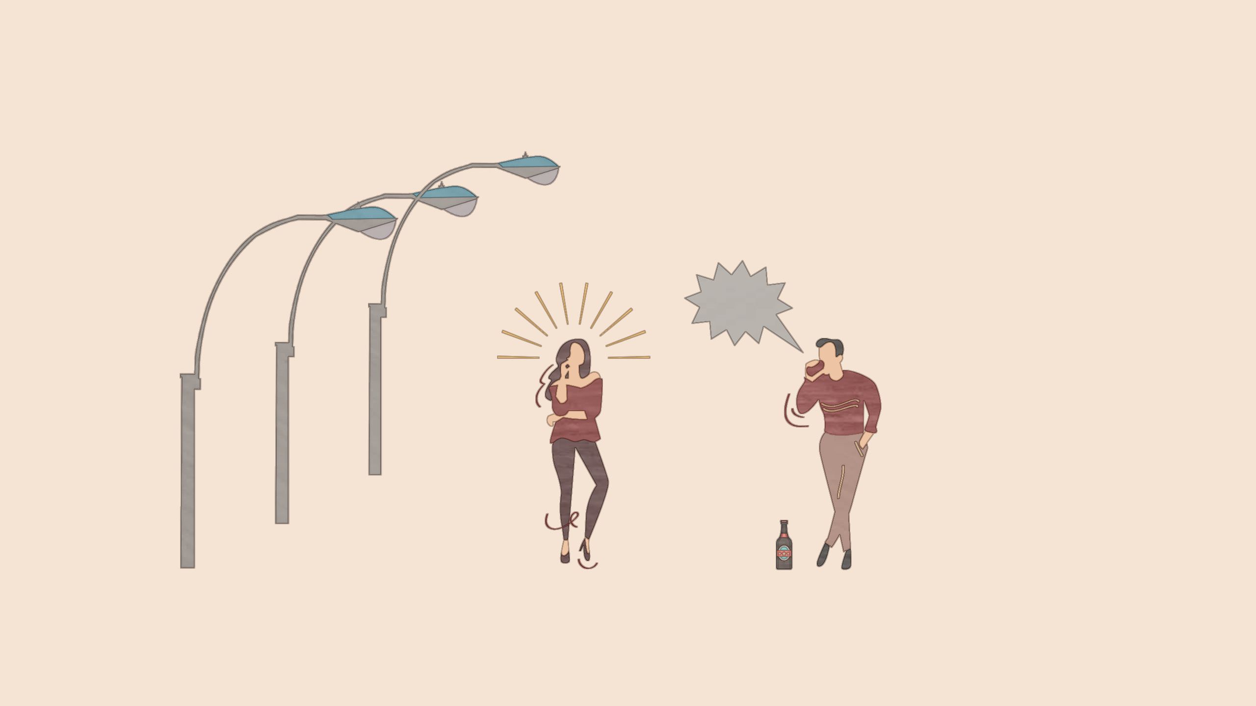 Grafik: ein Mann mit einer Bierdose kommt hinzu. Ein Sprechblase deutet Zurufe an. 